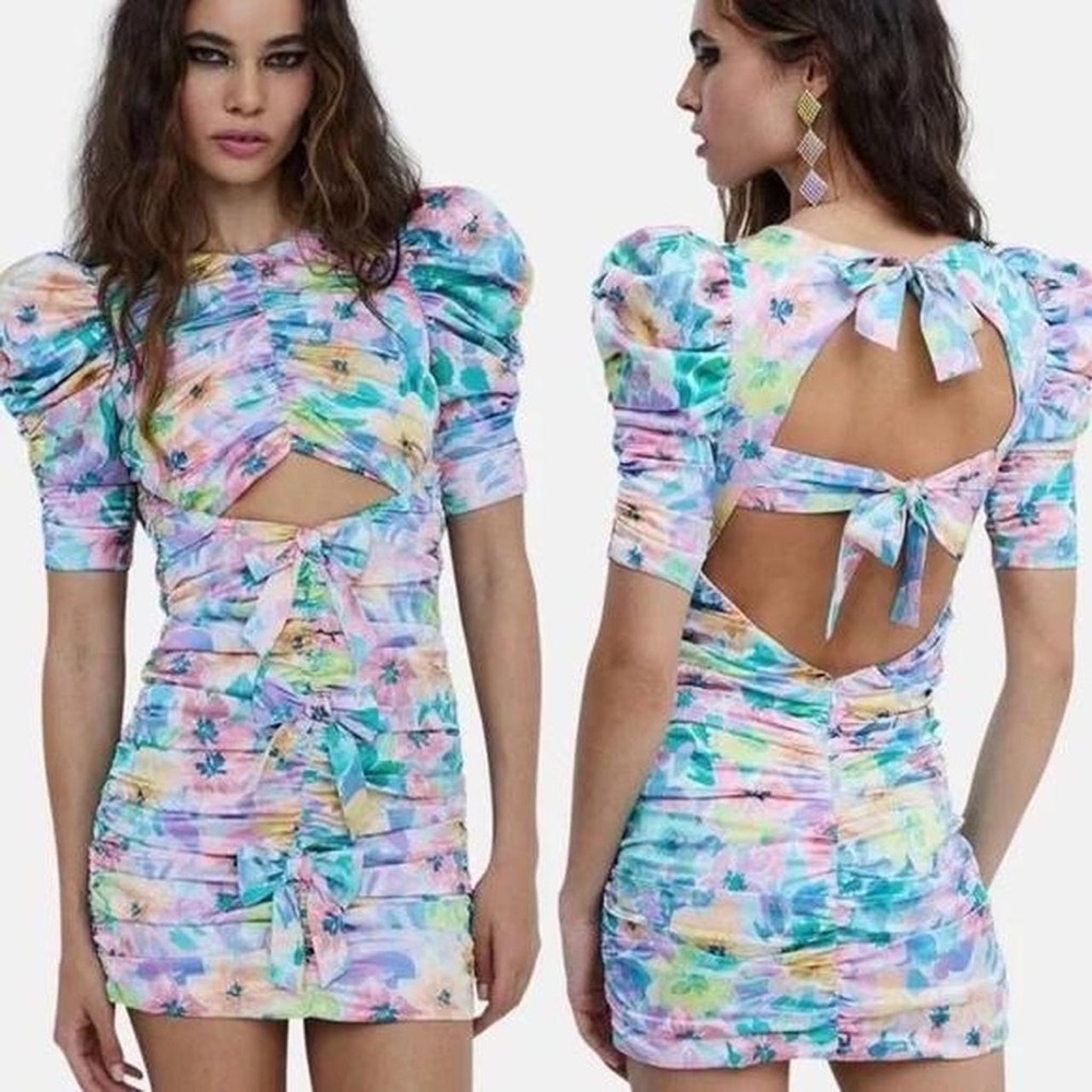 For Love & Lemons Blair multicolored floral mini dress with ruched bow cut outs